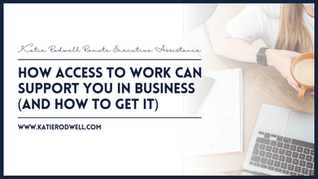 Business-themed image with text: "How Access to Work Can Support You in Business (And How to Get It)." A person holds a coffee by a laptop and notebook.