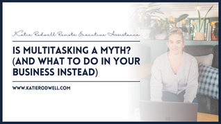 Woman smiling while sitting with a laptop. Text: "Is Multitasking a Myth? (And What to Do in Your Business Instead)" with website link. Office setting.