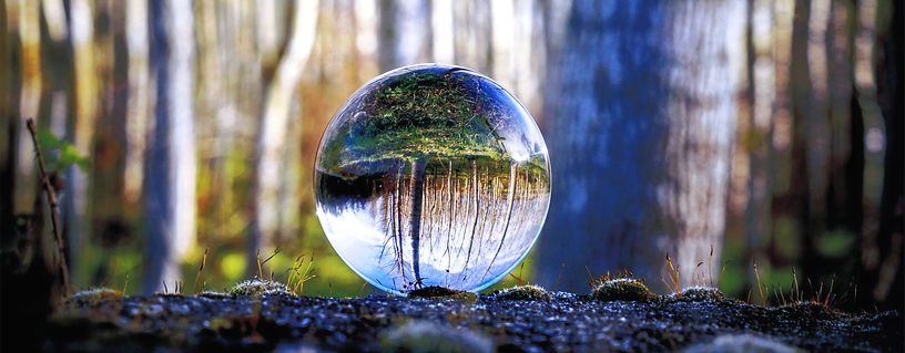 Levensreiziger _ afbeelding van Pixabay 91870 glazen bol, die ondersteboven ligt met een bostafereel erin