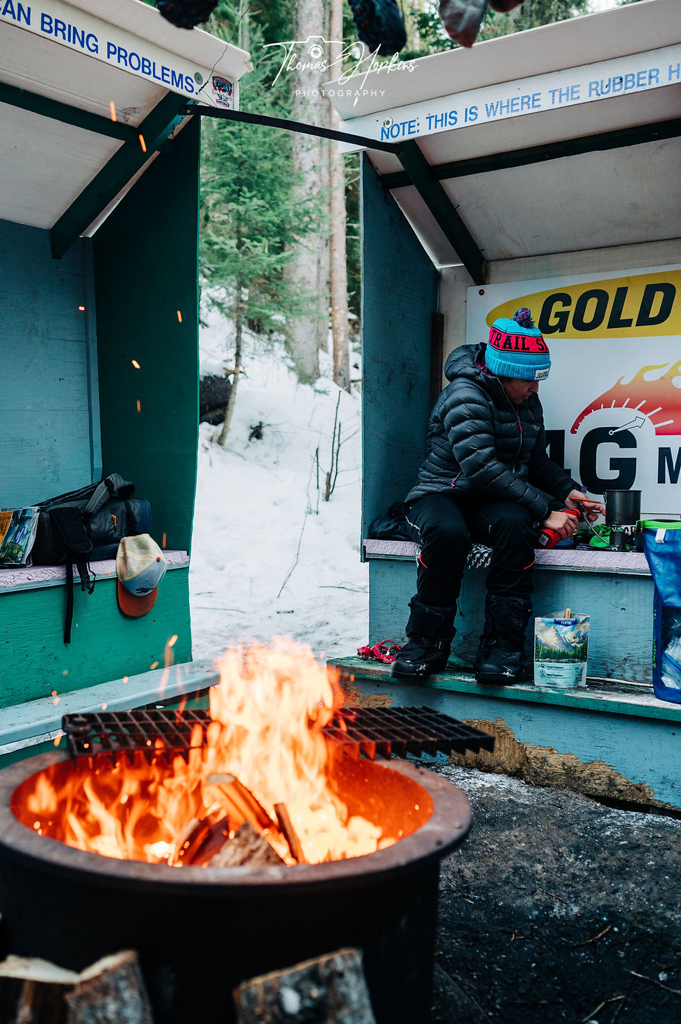 Jessica Leska (She Runs North) eats her Backpackers Pantry for supper on her 200km adventure near Stoney Mountain, Alberta