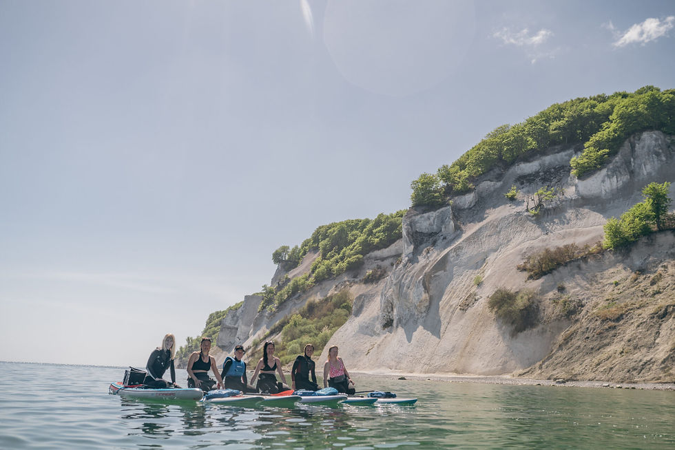 En gruppe mennesker står på paddleboards ved en klippestrand under en klar blå himmel. Kysten er dækket af grønne træer. Møns klint