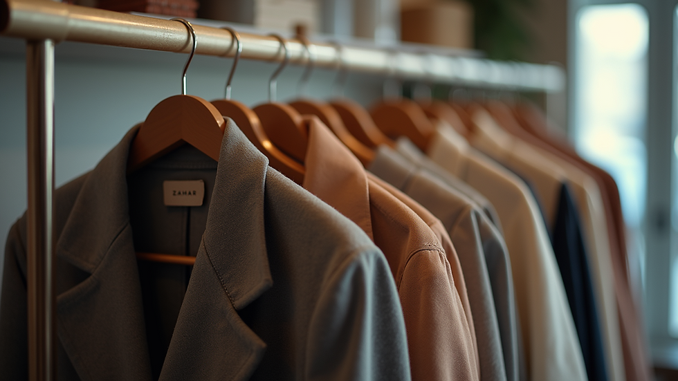 Eye-level view of a clothing rack displaying unique ZAHAR garments