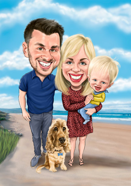Caricature of a couple at the beach with their child and dog