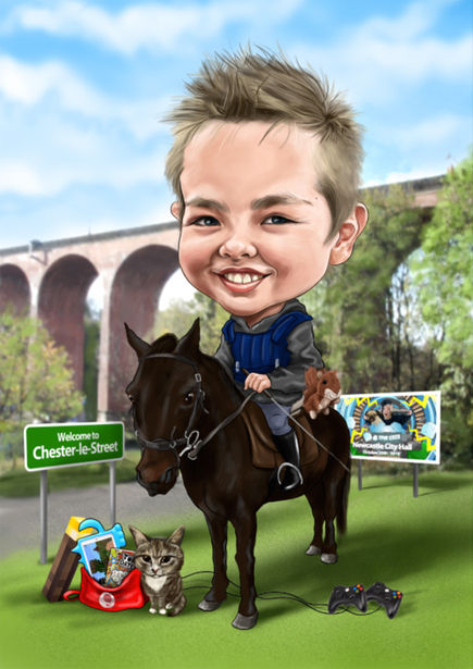 caricature of a child on horseback with a viaduct in the background.