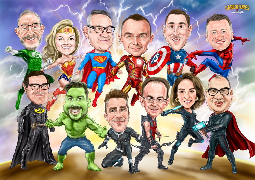 Full colour team caricature with a Superhero theme. Superman, Green Goblin, Batman, Spiderman, The Hulk, Wonderwoman, Captain America, Iron Man.