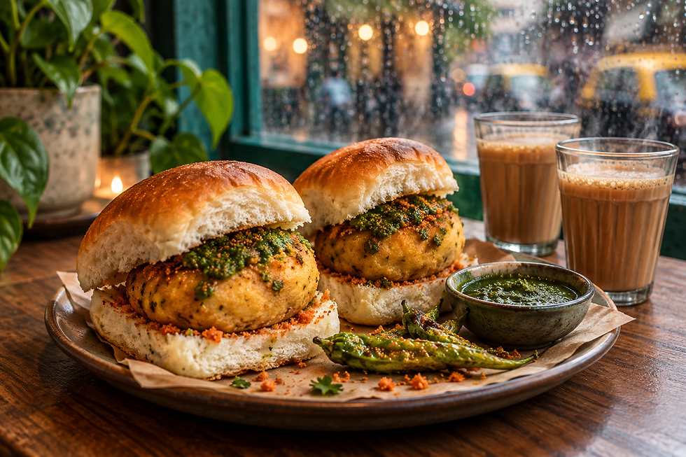 AI editorial illustration: monsoon with entirely plant-based food