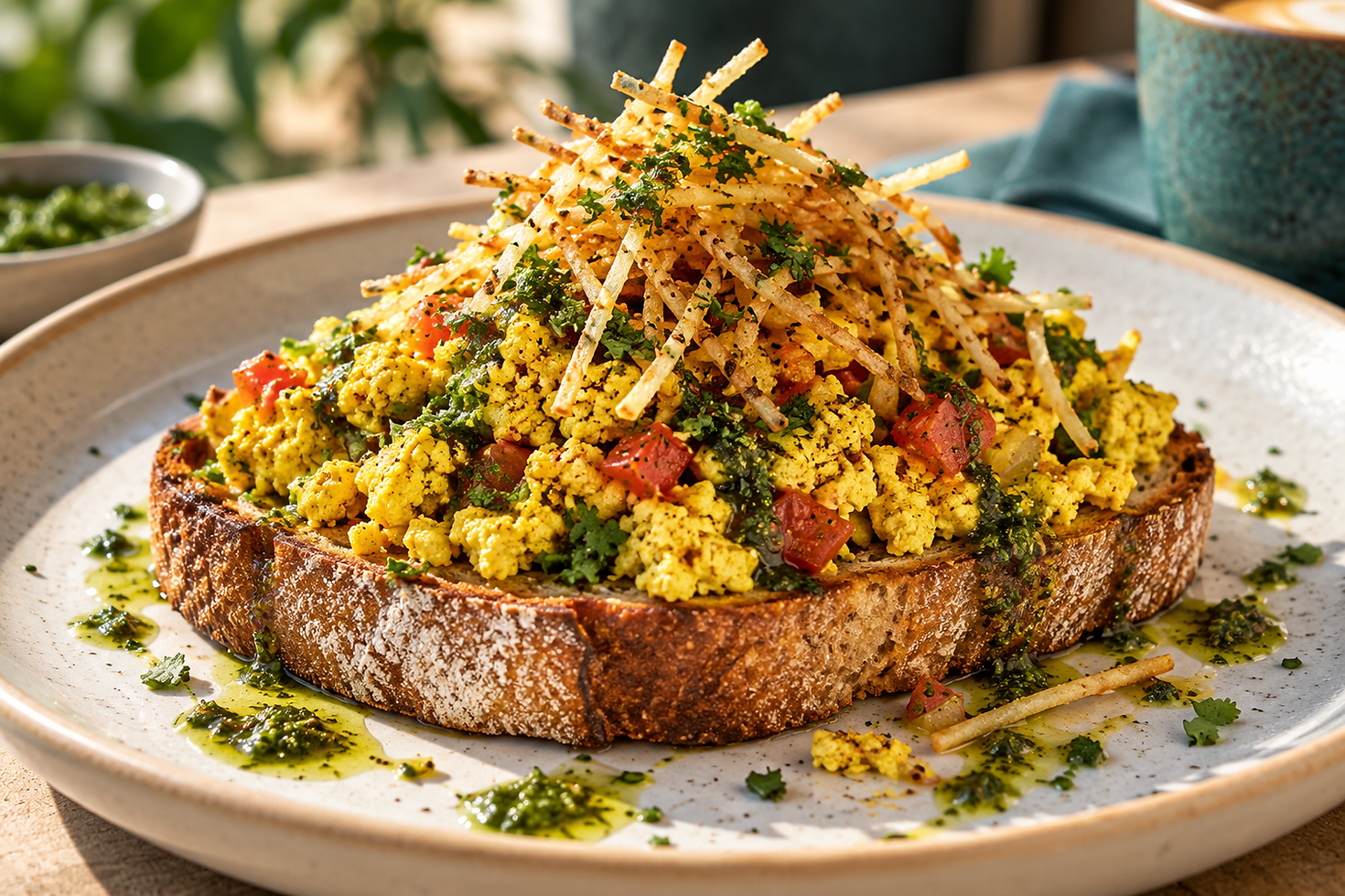 AI editorial illustration: akuri toast with entirely plant-based food