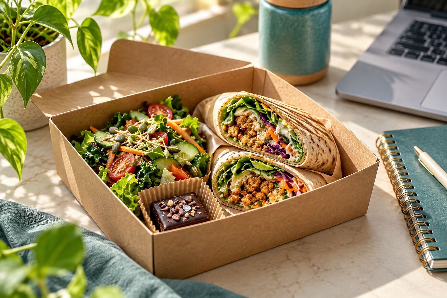 AI editorial illustration: office lunch with entirely plant-based food