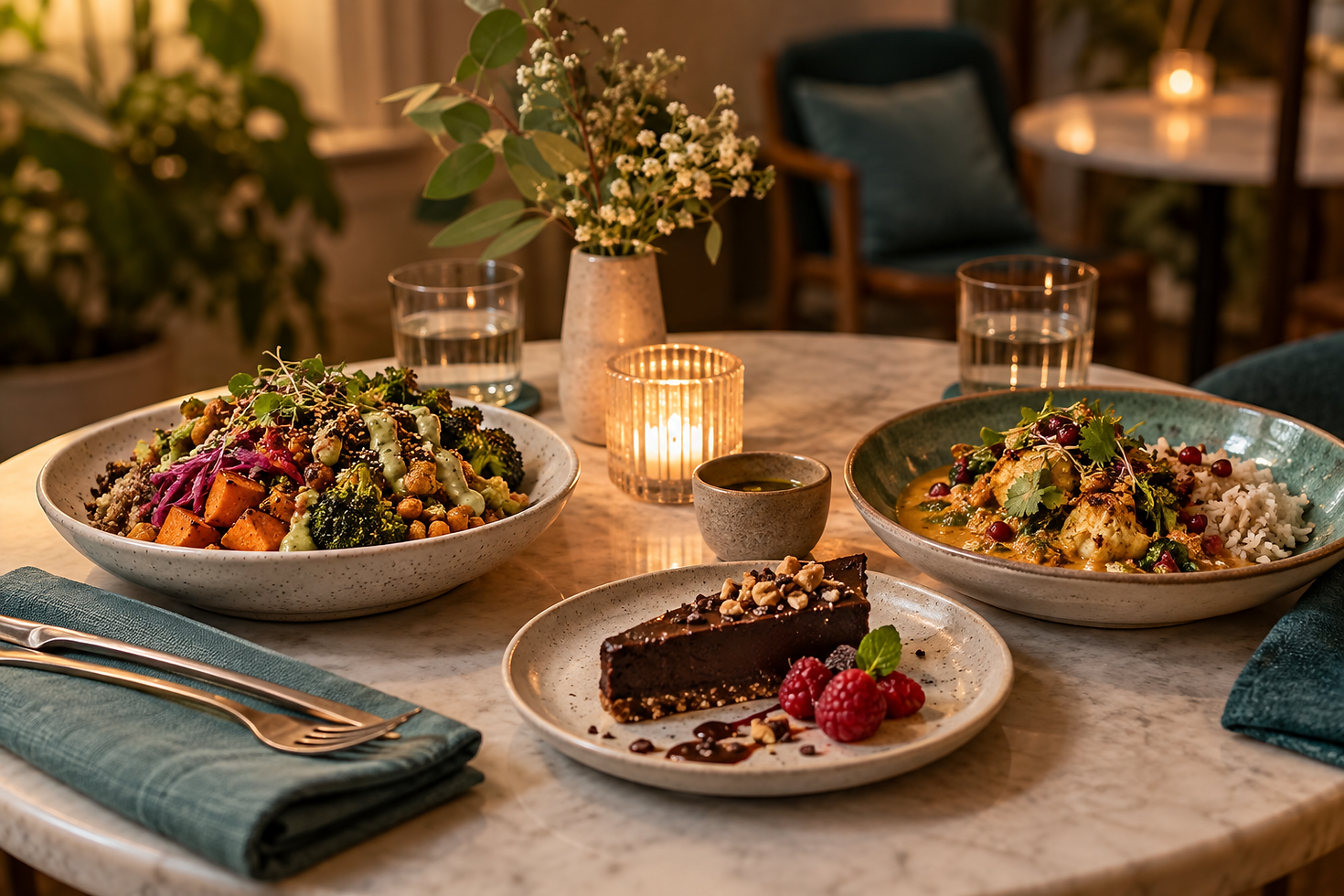 AI editorial illustration: date night with entirely plant-based food