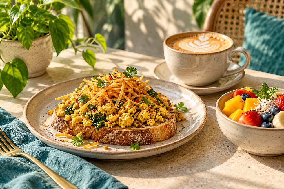 AI editorial illustration: breakfast with entirely plant-based food