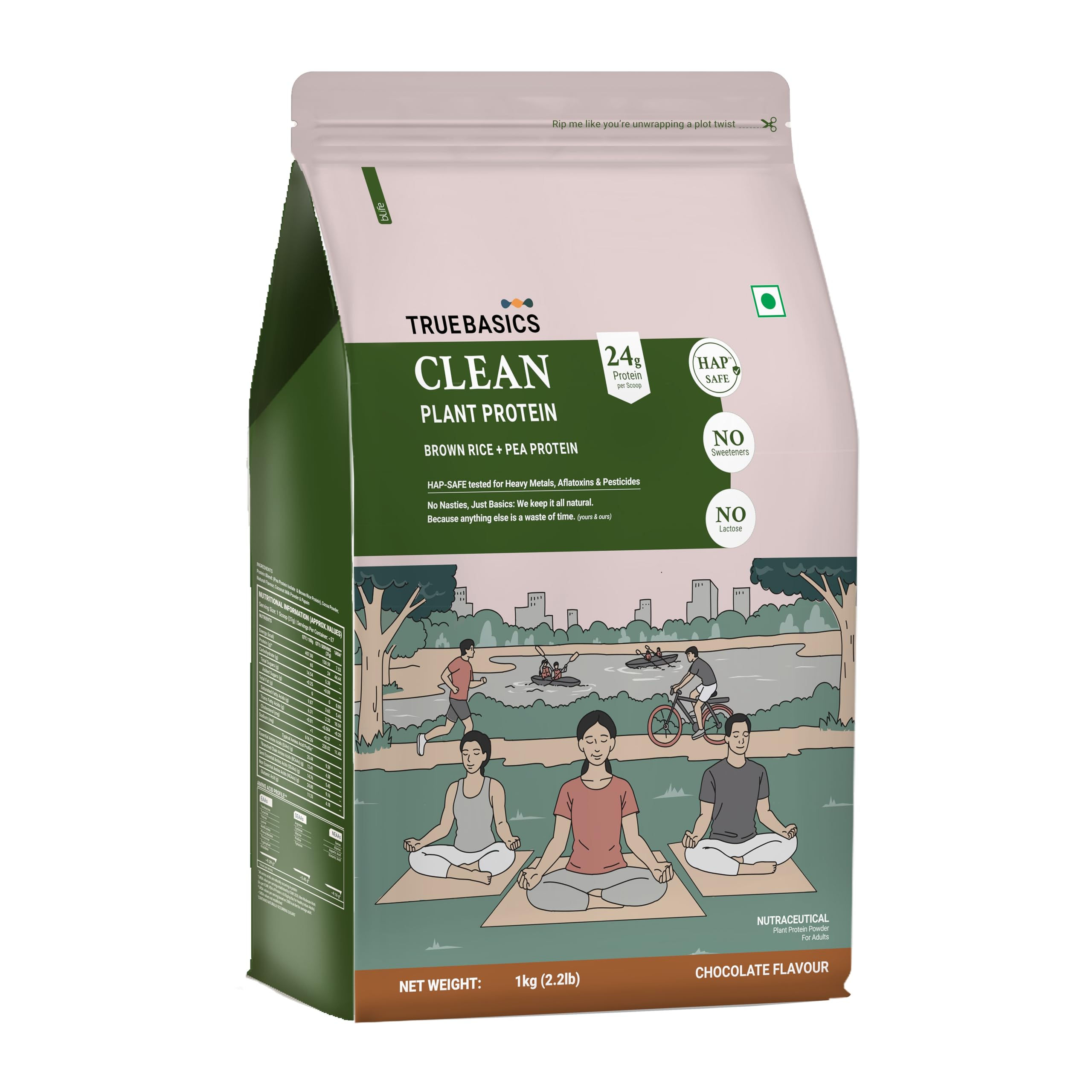 TrueBasics Clean Plant Protein Powder Brown Rice + Pea Protein (Chocolate, 1k...