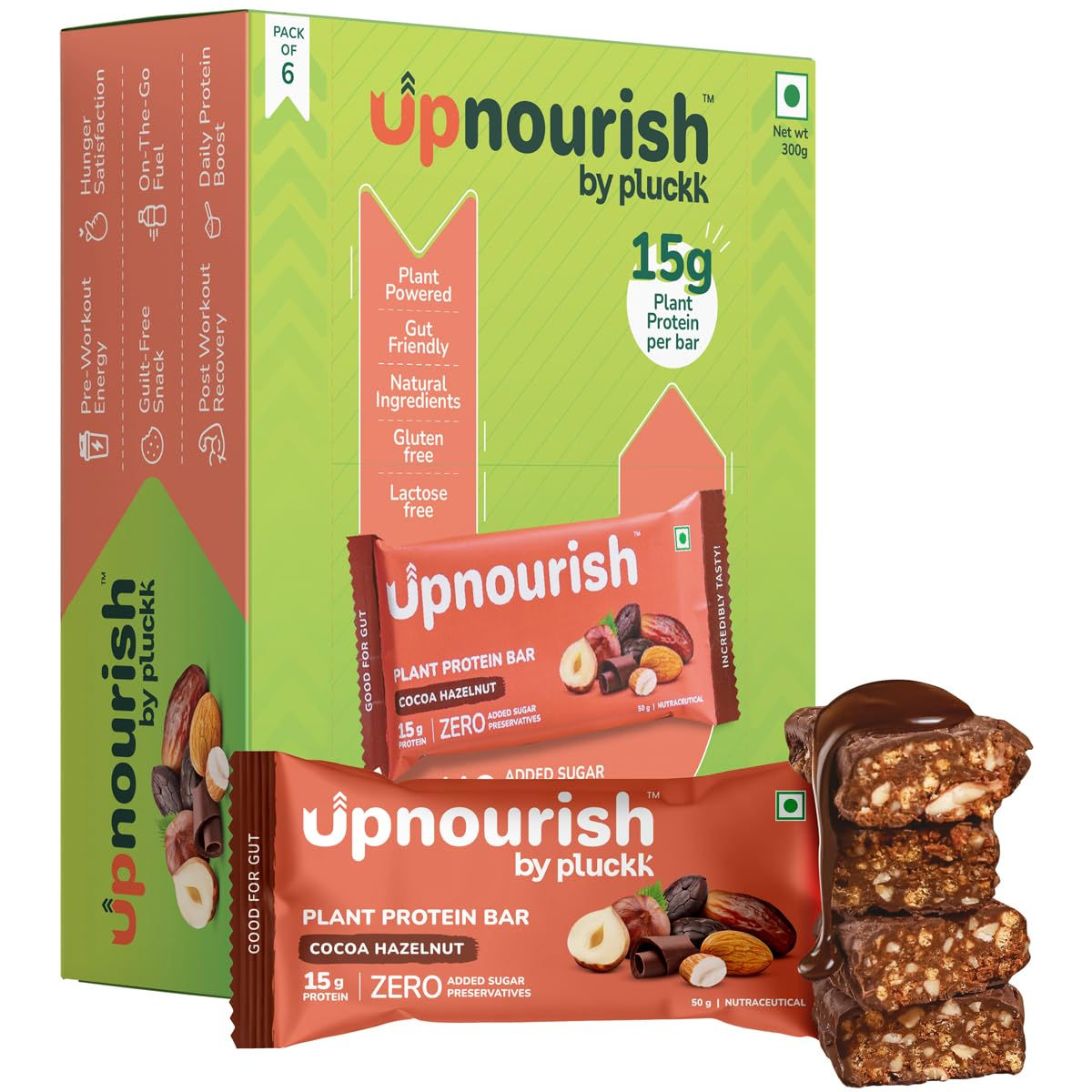 Upnourish by Pluckk | 15G Plant Protein Bar | Cocoa Hazelnut | No Preservativ...