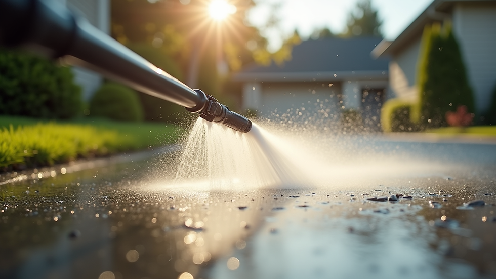 Close-up view of a power washing nozzle spraying a driveway