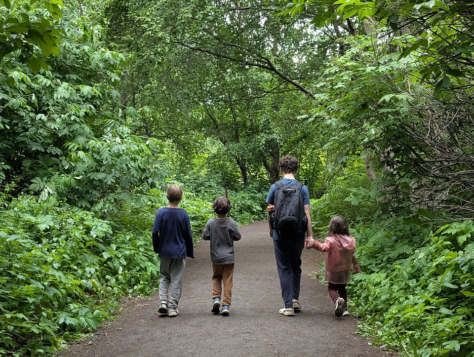 Four children walking on a forested path along the Homestead Trail in Valdez, Alaska, surrounded by dense greenery and trees