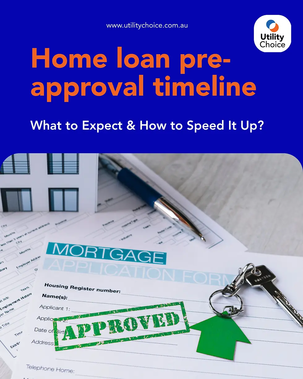 Home loan pre-approval concept with form stamped "Approved," pen, house keys, and a small house model. Text: "Home loan pre-approval timeline."