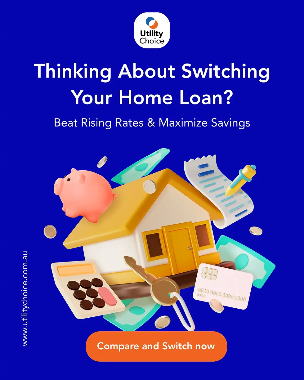 Piggy bank on a house with coins, bills, calculator, and keys, set against a blue background. Text: Thinking About Switching Your Home Loan?