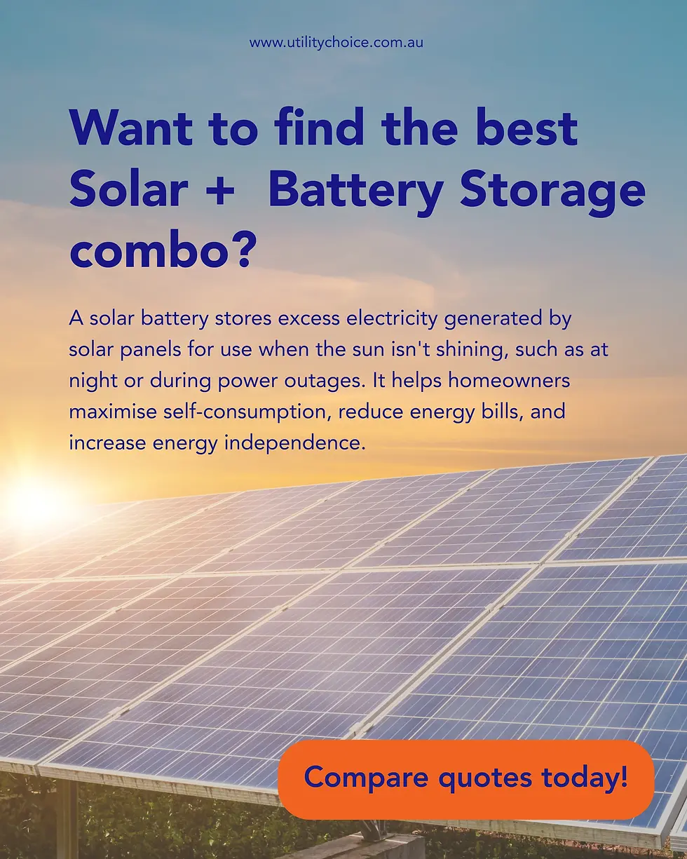 Solar panels at sunset with text about finding the best solar and battery combo, benefits of battery storage, and a call to compare quotes.