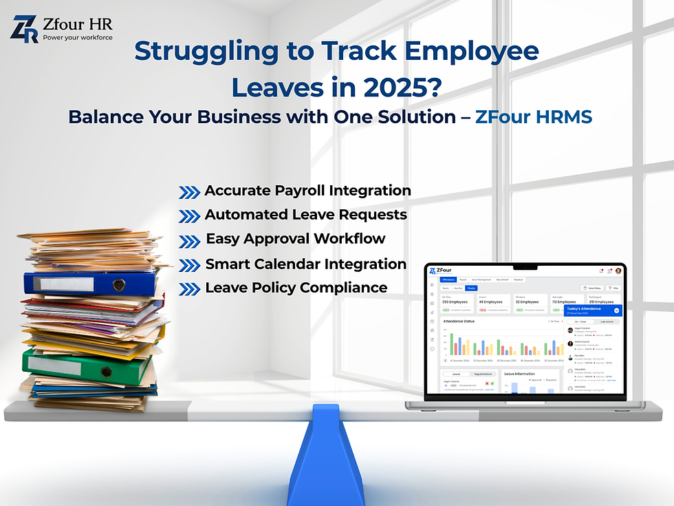 Laptop showing HR software on desk with file stack. Text: "Struggling to Track Employee Leaves in 2025? ZFour HRMS." Features listed.