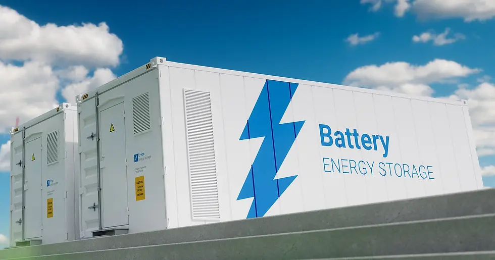 Battery storage containers with blue lightning logo and "Battery Energy Storage" text. Set under a clear blue sky with fluffy clouds.