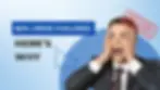 Man in suit holding face, shocked, with "FAILED" stamp on his head. Text: "80% HRMS FAILURES, HERE’S WHY." Background: blue, graph declining.