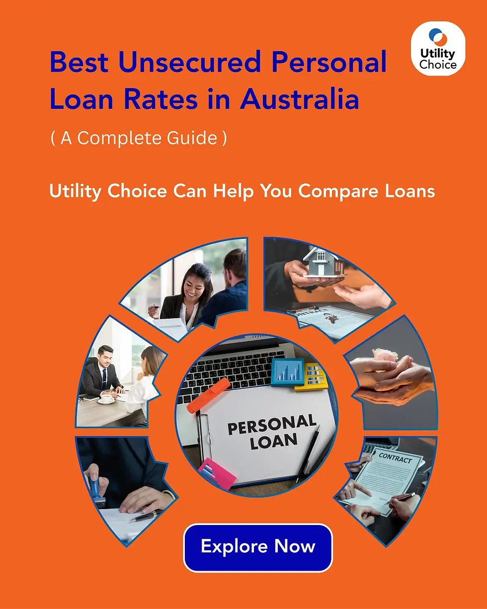 Orange ad for "Best Unsecured Personal Loan Rates in Australia" by Utility Choice. Features images of meetings, contracts, and the text "Explore Now."