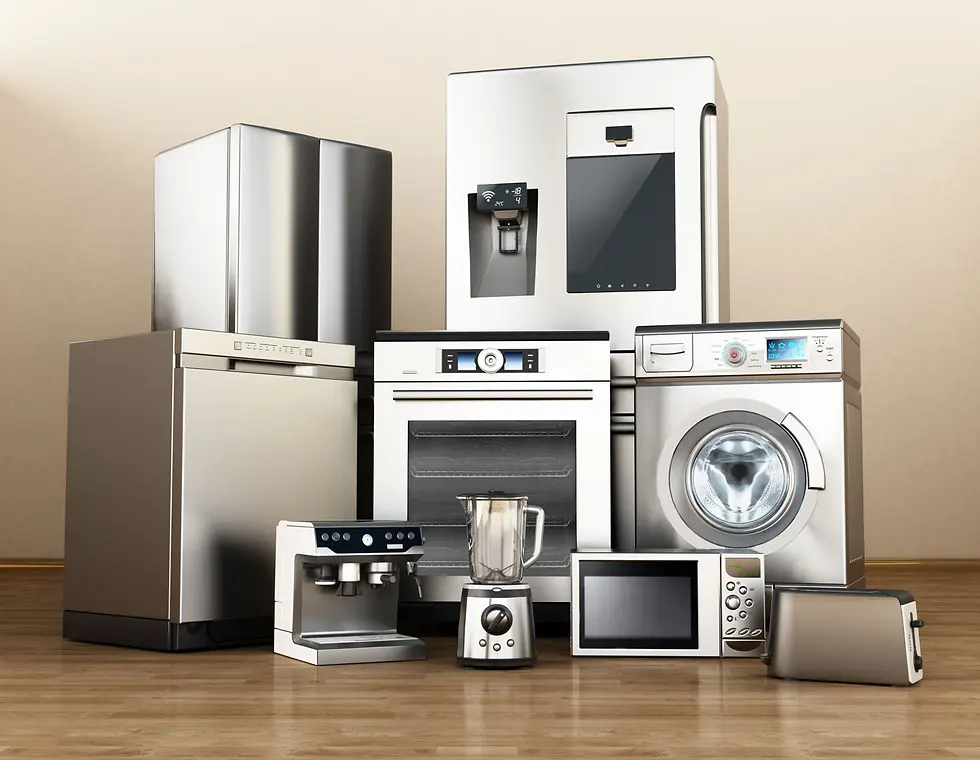 A collection of modern stainless steel kitchen appliances on a wooden floor, including a fridge, oven, washer, coffee maker, blender, and more.
