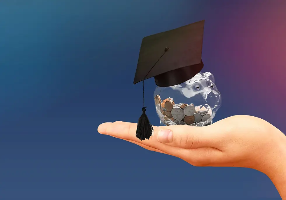 Hand holds a glass piggy bank with coins, wearing a graduation cap. Blue to purple gradient background, symbolizing education savings.