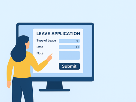 A flat-style digital illustration showing a woman using a laptop to apply for leave through an HRMS dashboard, representing an easy and digital leave management process.