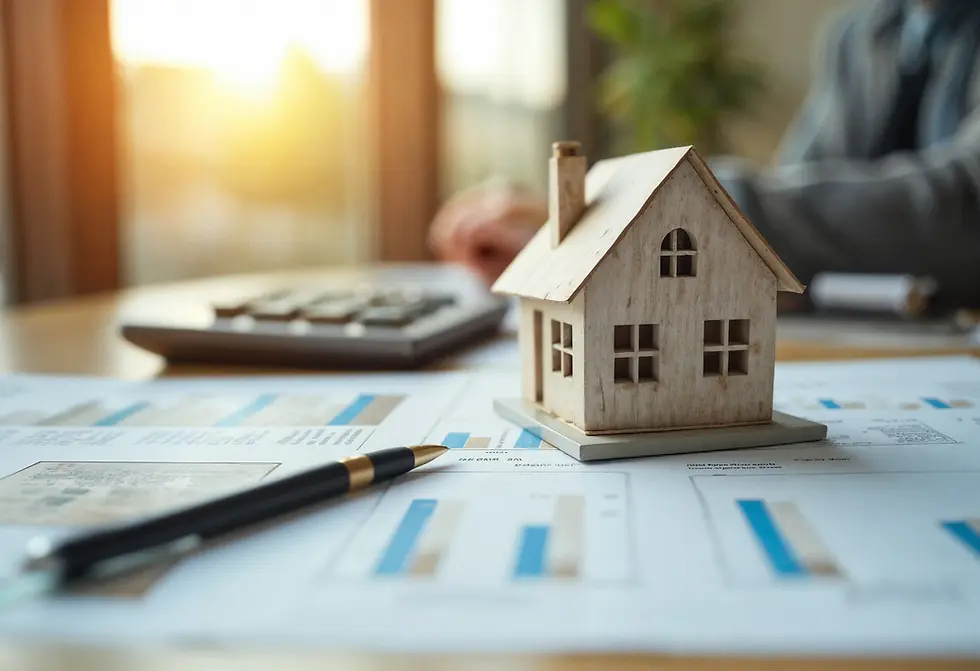Wooden house model on financial documents with charts, a pen, and a calculator. Warm, sunny room in the background.