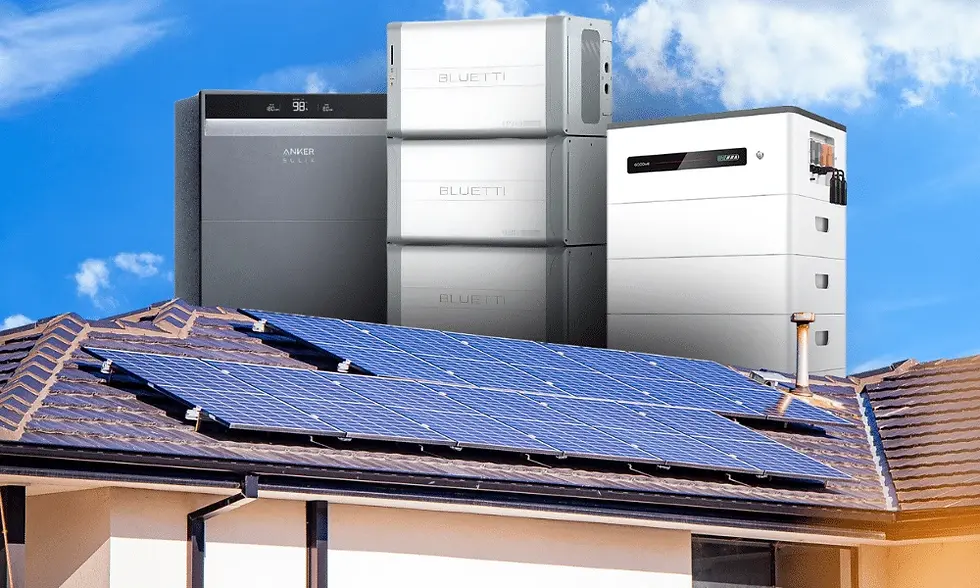 Solar panels on a roof under a blue sky. In the background, stacks of battery units labeled Anker, Bluetti, and others are visible.