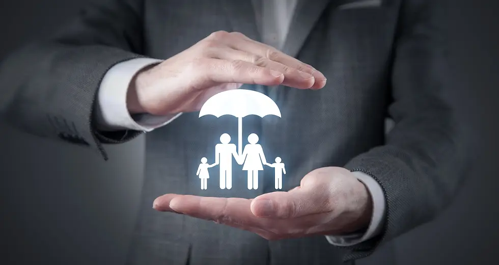 Hands encircle a glowing icon of a family under an umbrella, symbolizing protection. Background is a gray suit, conveying professionalism.