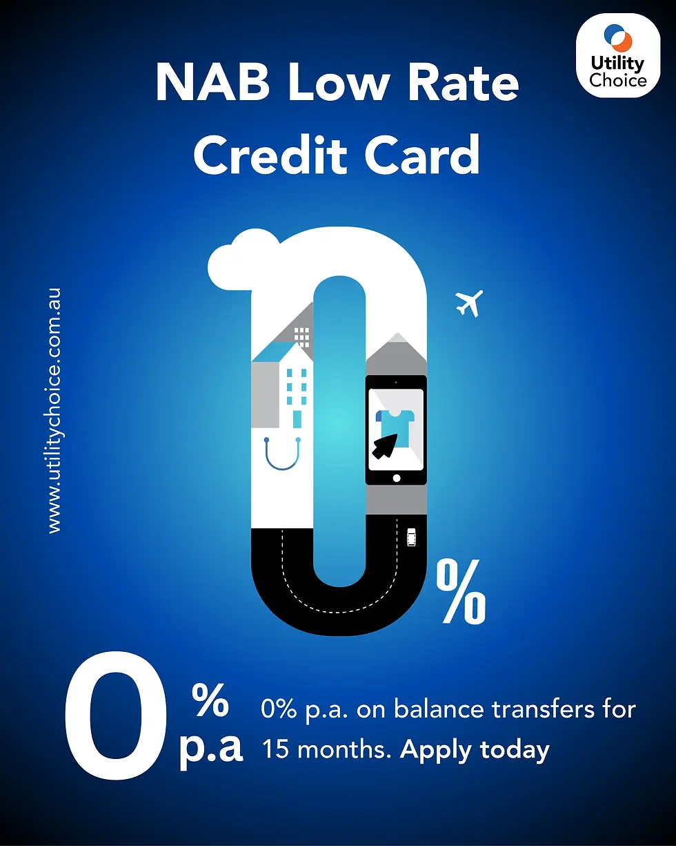 Blue ad for NAB Low Rate Credit Card features bold "0%" text, airplane, shopping bag icons, and promo details for 0% p.a. on transfers.