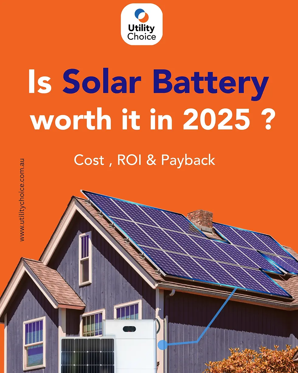 House with solar panels on roof, orange background. Text reads: "Is Solar Battery worth it in 2025? Cost, ROI & Payback".