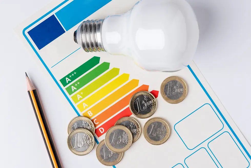 Light bulb, euros, and pencil on energy efficiency chart with colorful ratings from A++ to D. White background.