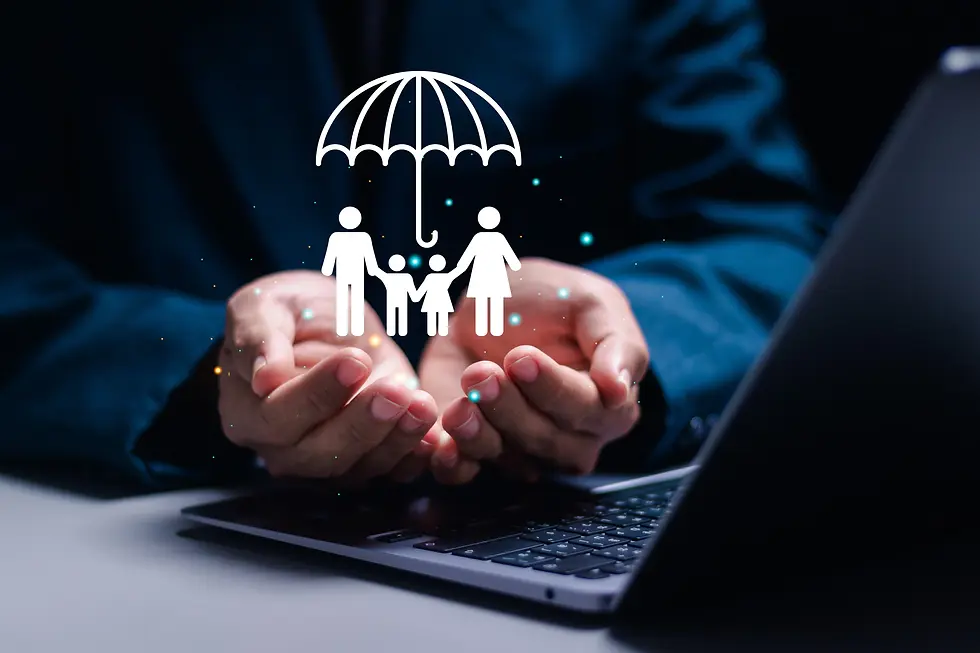 Hands cradle a digital icon of a family under an umbrella over a laptop, symbolizing protection. Dark blue background, futuristic mood.