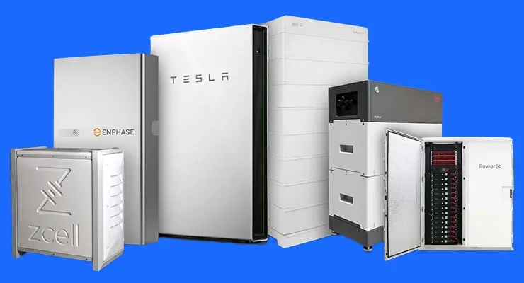 Various white and gray home battery units, including Tesla and Enphase, displayed against a blue background.
