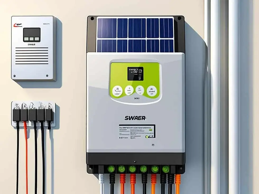 Solar inverter mounted on a wall with cables attached. Digital display shows readings. Nearby box labeled CB2. Bright, neutral background.
