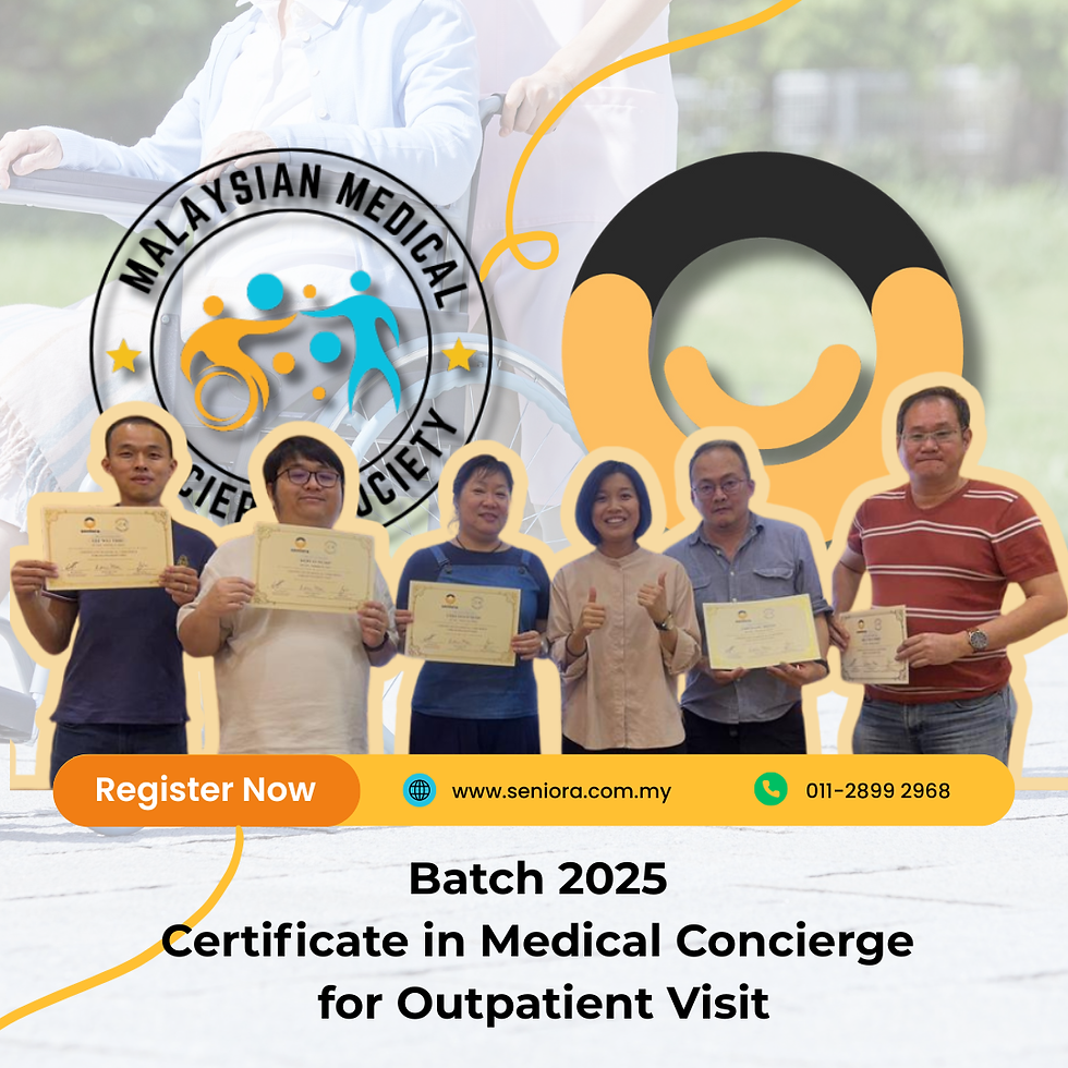 People holding certificates with "Malaysian Medical Concierge Society" logo. Text: "Batch 2025 Certificate in Medical Concierge for Outpatient Visit."