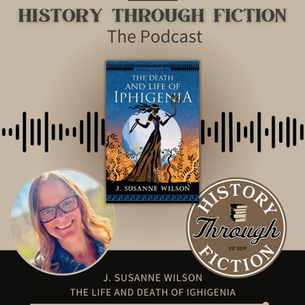 Book cover and podcast logo on a tan background