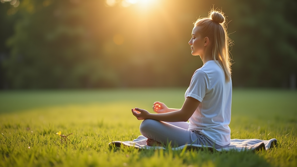 Close-up view of a person meditating in a serene outdoor setting