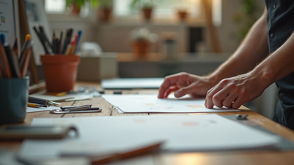 Eye-level view of a creative workspace with design tools and materials