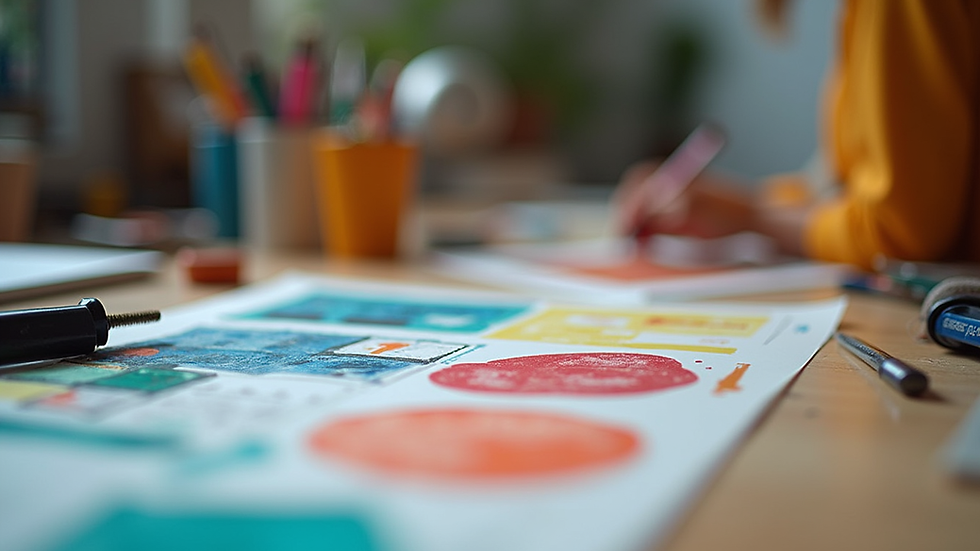 Eye-level view of a colorful design workspace with various tools