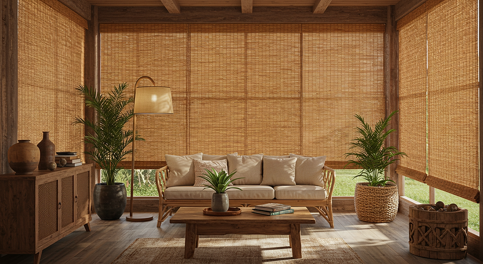 Living room with natural woven wood shades filtering sunlight across a warm, earthy interior.