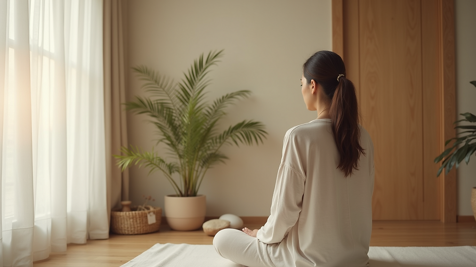 Vue en gros plan d'une personne pratiquant la sophrologie dans un environnement calme