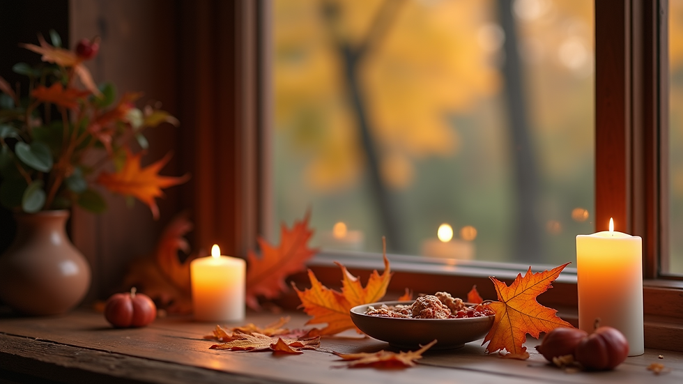 Eye-level view of a cozy space for meditation surrounded by autumn decor