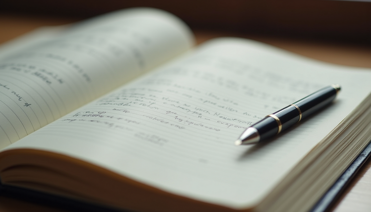 Close-up view of a journal with handwritten notes and a pen