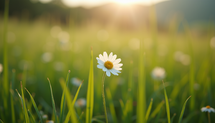 High angle view of a single blooming flower in a field of grass
