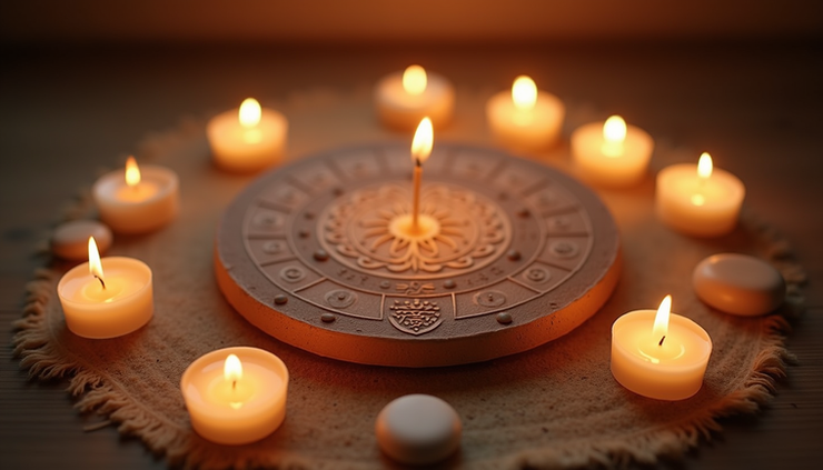 High angle view of a peaceful meditation corner with candles and Reiki symbols