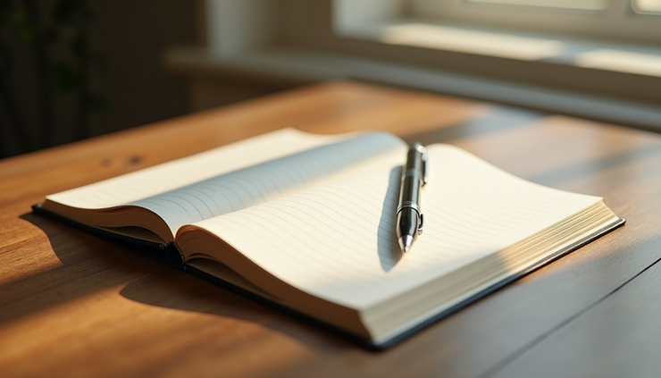 High angle view of a journal and pen on a wooden table with soft morning light