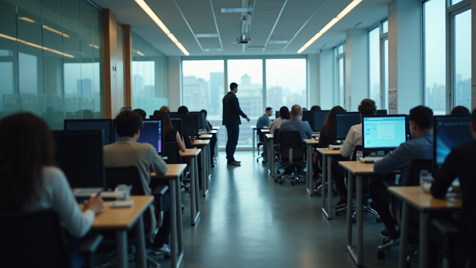 High angle view of a computer lab with students working on desktops